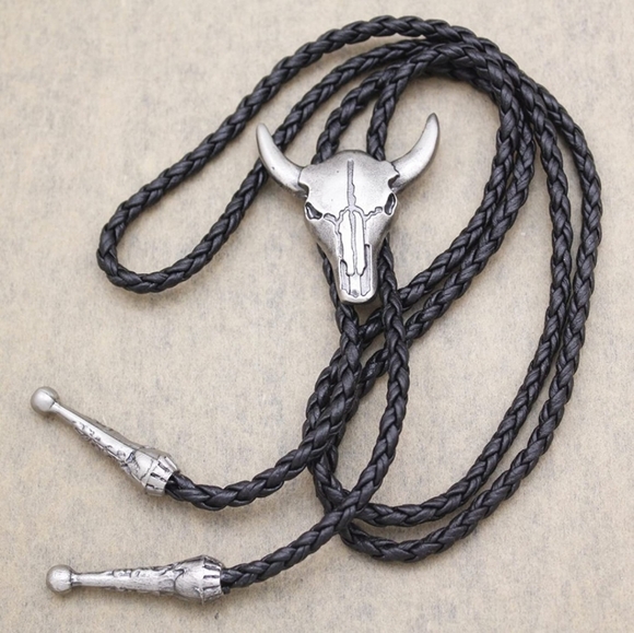 New black and silver Western longhorn steer bull bolo tie - Picture 2 of 3